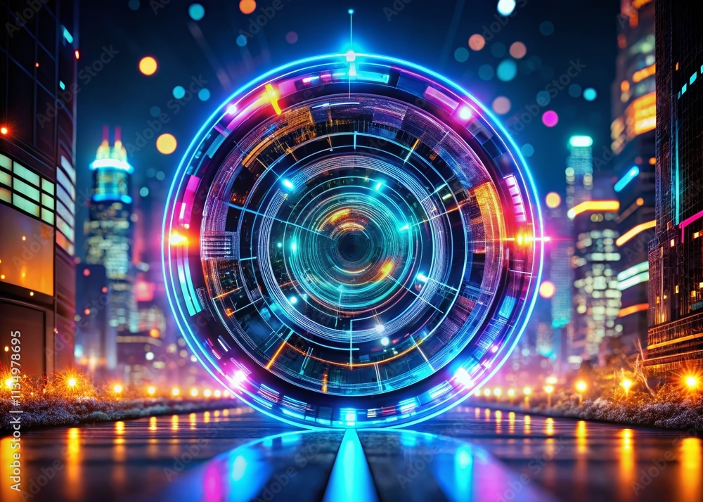 Poster futuristic abstract round ai hud neon tech digital display in a sci-fi night photography setting wit
