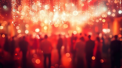 Glittering red light with vibrant bokeh radiating from a grand masquerade ballroom filled with elegantly dressed figures
