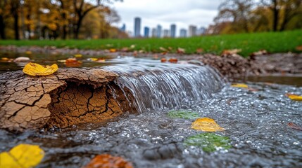 Fototapeta premium Water cascades over soil, surrounded by fallen leaves in a vibrant urban park during autumn