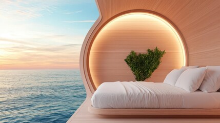 Sleep pod on a yacht, luxury marine retreat, with a calming ocean view