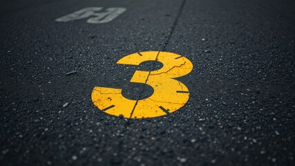 A yellow painted number three on a black asphalt surface, with a slight perspective distortion