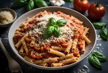 Whole-grain penne pasta in rich tomato sauce, garnished with basil and vegan parmesan, on a rustic wooden table, ai.