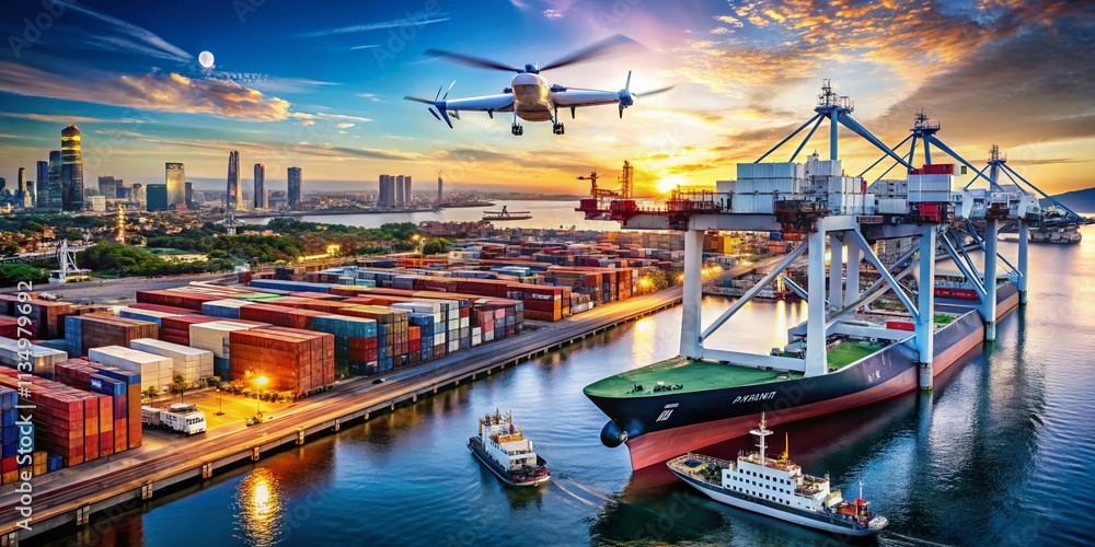 Poster futuristic autonomous cargo ships navigating in a smart port environment with advanced technology an