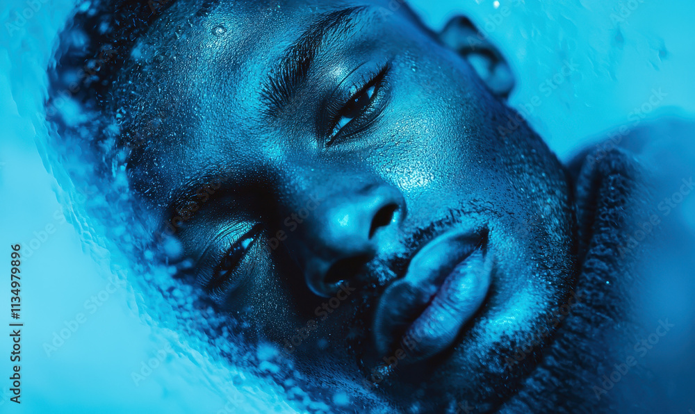 Poster captivating blue-hued portrait: exploring depth, emotion, and reflection in a striking image of sere