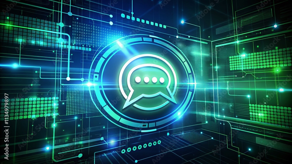 Poster futuristic blue and green technology grid with chat symbol for effective communication and networkin