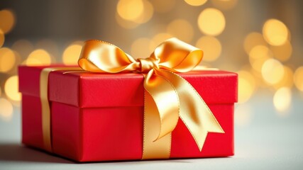 A Festive Red Gift Box with a Golden Bow, Decorated with a Sparkling Bokeh Background