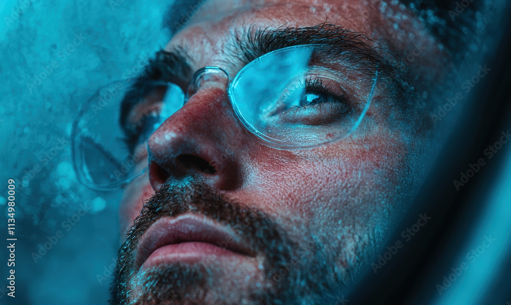 Poster reflective gaze through glasses captures introspection and depth of thought in tranquil blue ambienc