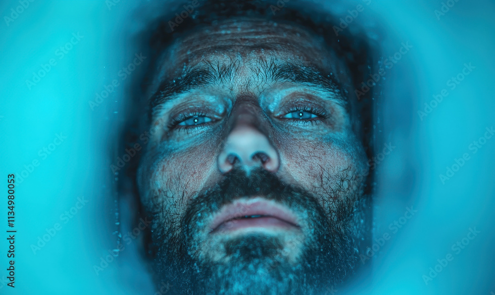 Poster portrait of a mind immersed in cold serenity: exploring depth and emotion through an intense frozen 