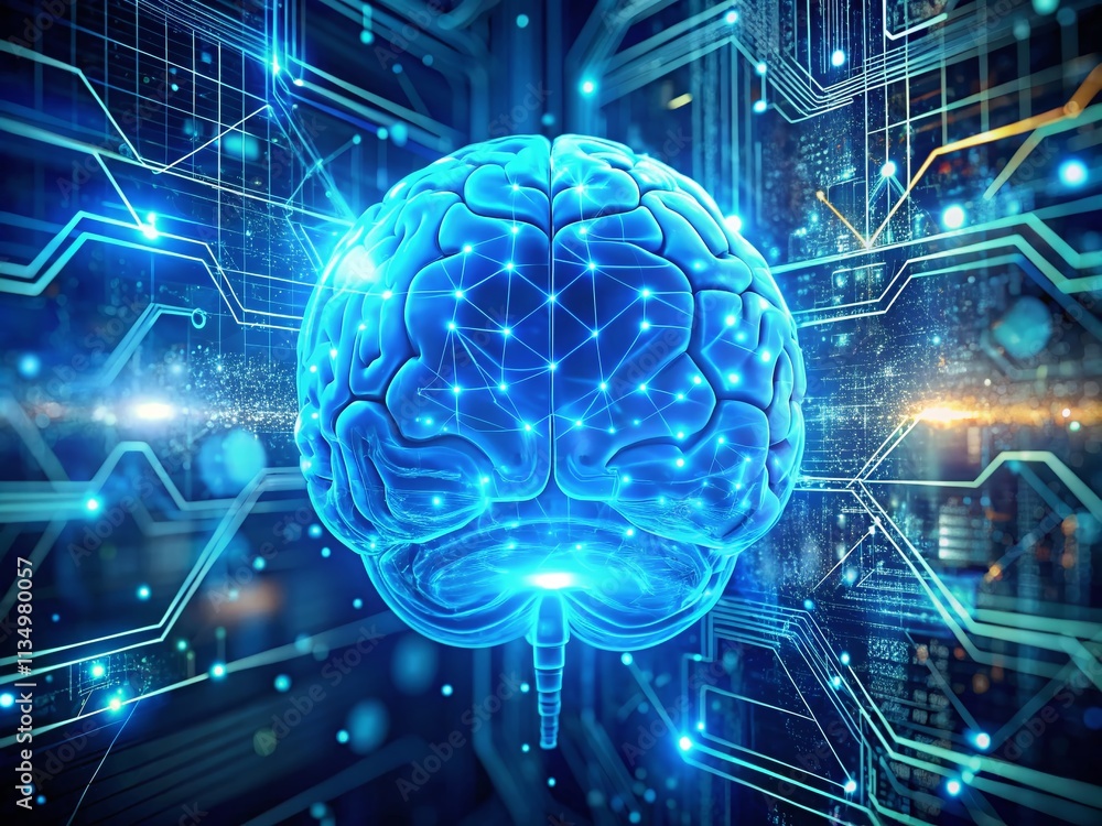 Aufkleber futuristic blue digital brain logo with advanced hud, ai chatbot, machine learning technology, and r