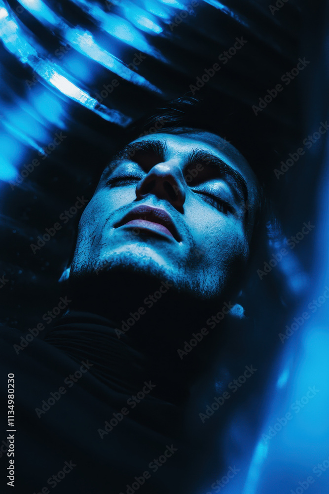 Poster ethereal portrait of serenity and reflection in a soft blue light - a journey into tranquil states o