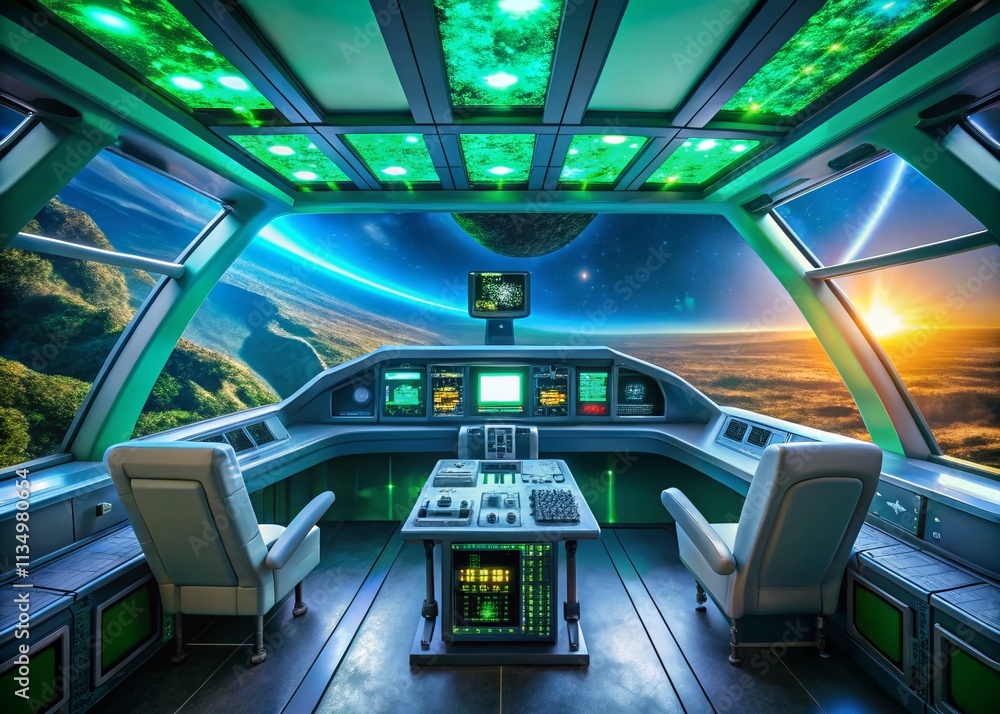 Poster futuristic cockpit view from a spaceship featuring advanced interface and green screen for immersive