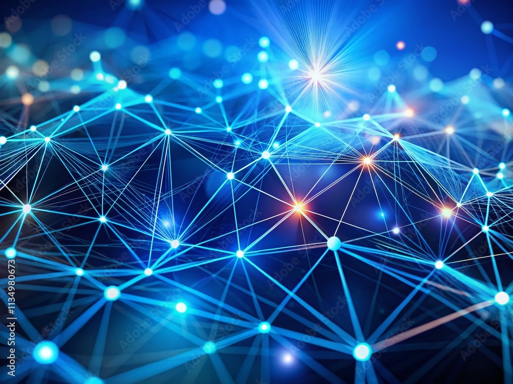Poster futuristic computer network connections with abstract polygonal animation on blue background in tilt