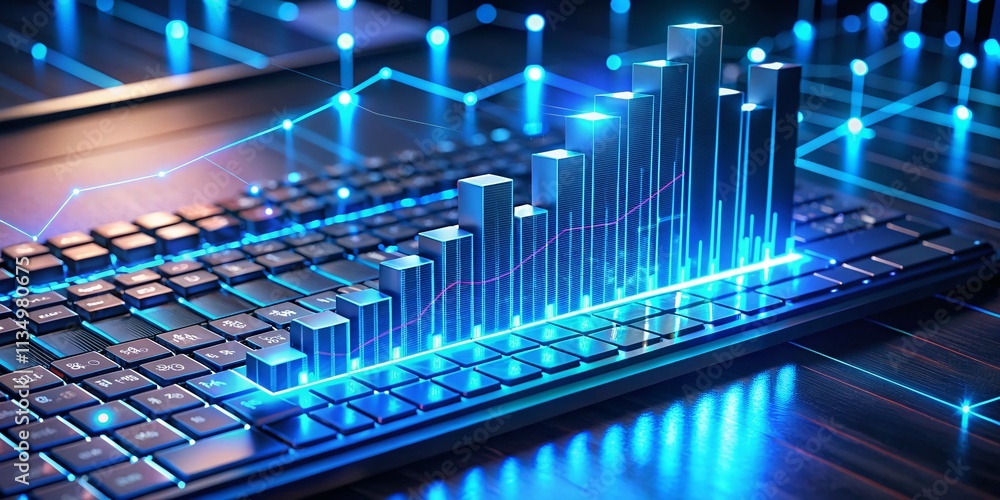 Poster futuristic closeup of glowing blue bar graph projection over keyboard in cinematic high-tech scene s