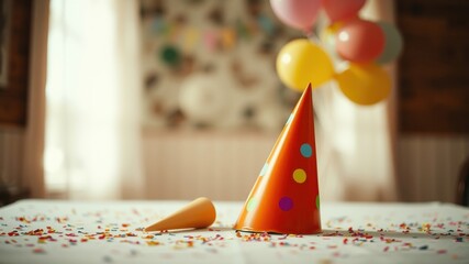 A colorful party hat rests on a white table, surrounded by scattered confetti, a reminder of the joyous celebration that has just passed.