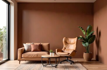 Cozy living room with comfortable sofa, decorative pillows, table and flowers in 2025 tones - Mocha Mousse	