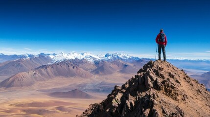 Naklejka premium High altitude mountains, hiker reaching the peak of a high-altitude mountain, with vast landscape below