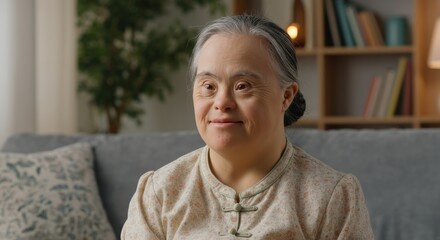 Mature asian woman in cozy living room setting reflecting contentment and warmth