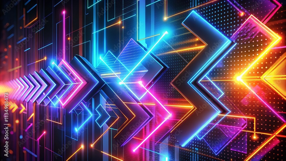 Aufkleber futuristic digital arrows illuminated by neon light in a dark background, perfect for technology the