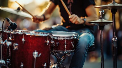 Naklejka premium Rock drummer in action on a large outdoor stage
