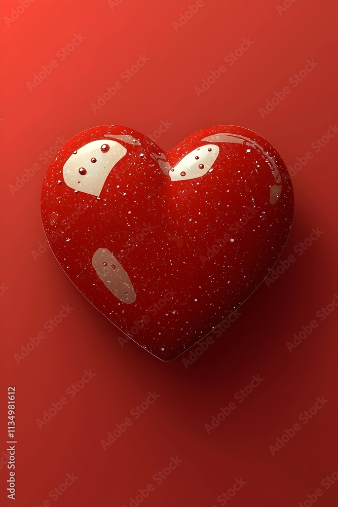 Poster a glossy, vibrant red heart-shaped object with subtle speckles, set against a smooth red background.