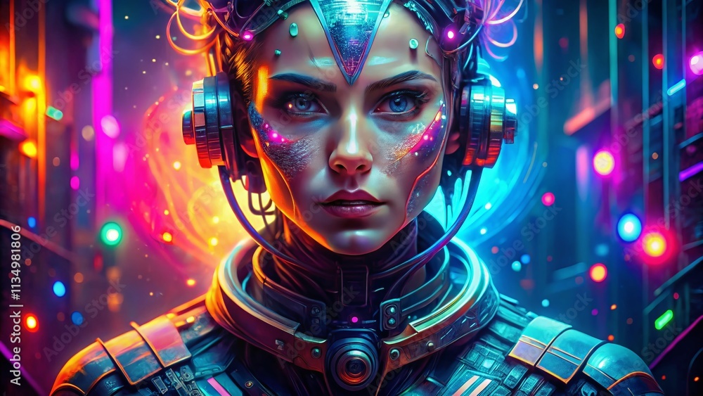 Poster Futuristic Digital Portrait Depicting a Visionary Character in a High-Tech Environment with Neon Lights and Advanced Technology Elements, Exploring the Intersection of Art and Innovation