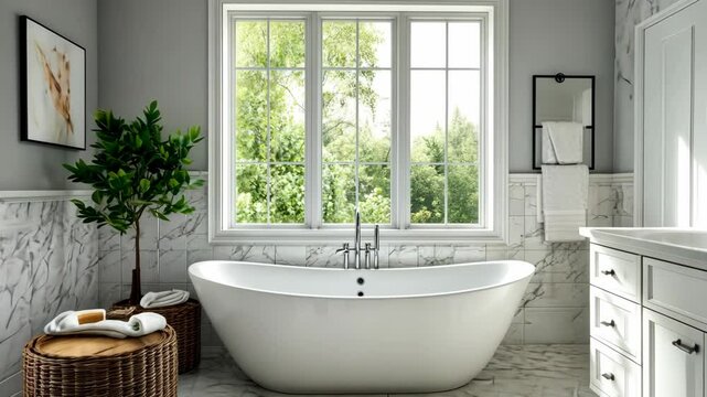 This beautifully designed bathroom showcases a freestanding tub, stylish fixtures, and abundant natural light filtering through spacious windows