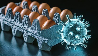 Holographic bacteria illuminating potential contamination risks near fresh eggs in a striking visual representation of food safety concerns.