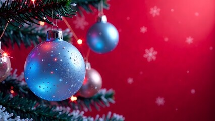 Fototapeta premium Christmas background with fir branches and Christmas balls on a red background