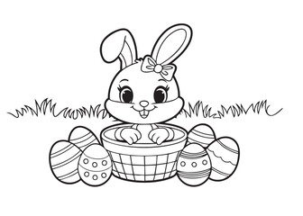 Adorable Easter bunny in a basket with decorated eggs, perfect for coloring pages and festive designs