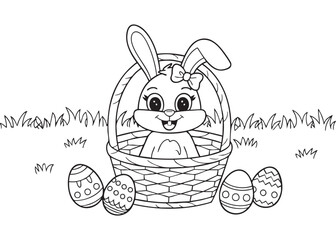 Adorable Easter bunny in a basket with decorated eggs, perfect for coloring pages and festive designs