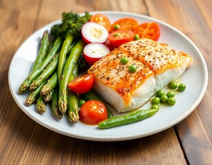 there is a plate of food with fish, asparagus, and tomatoes.