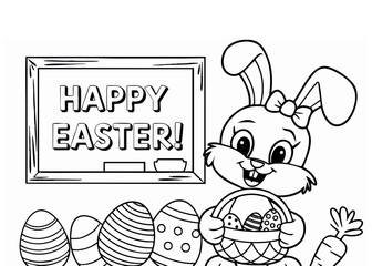 Adorable Easter bunny in a basket with decorated eggs, perfect for coloring pages and festive designs