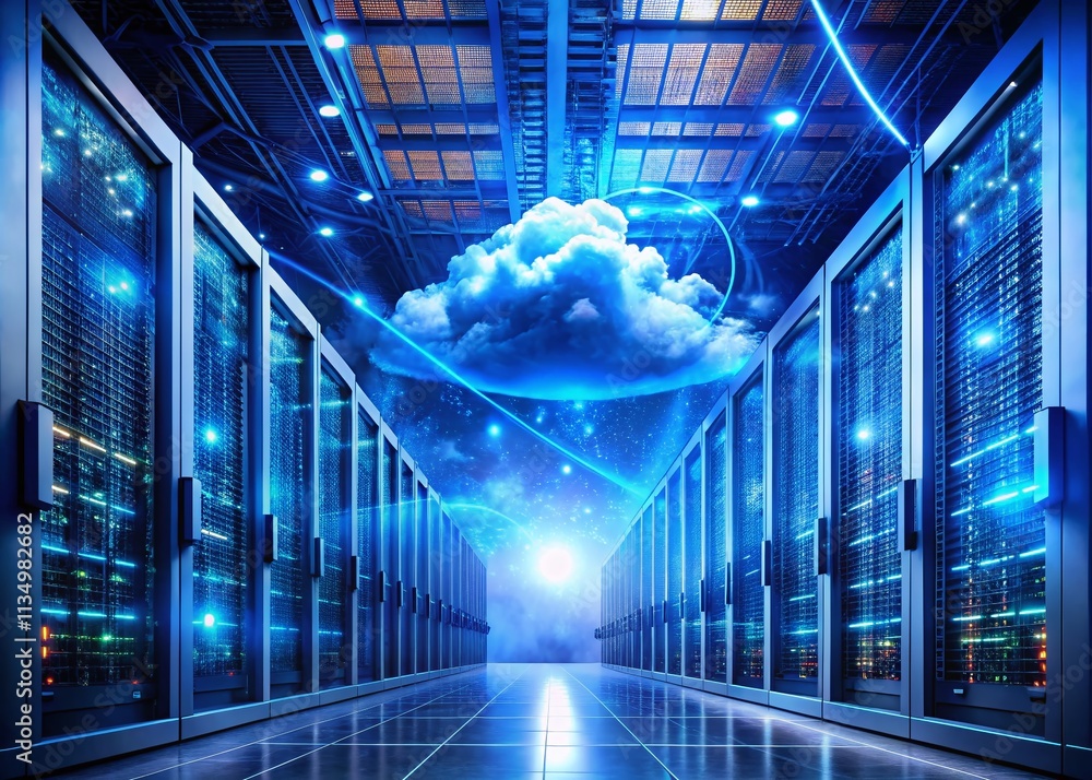 Aufkleber futuristic high-tech data center with holographic cloud interfaces and neon blue lighting detailing 
