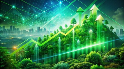 Fototapeta premium Futuristic Green Arrow Chart Representing Digital Transformation in Business Growth, Big Data, and Currency Trends with an Abstract Technology Background
