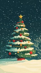 Fototapeta premium Christmas tree standing in snowy landscape at night