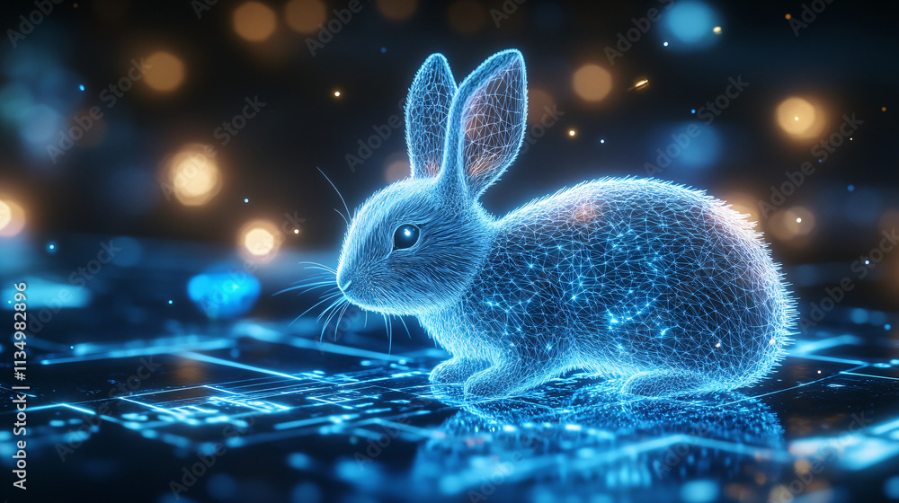 Poster a futuristic habitat simulation icon featuring a glowing rabbit, symbolizing online research platfor