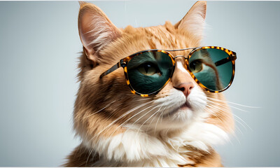Cool Cat in Shades: A stylish ginger cat with a confident gaze, sporting trendy sunglasses, oozes cool vibes. Perfect for adding a touch of humor and personality to your design.  