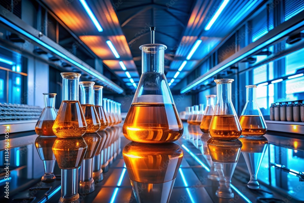 Poster futuristic laboratory with glowing orange flasks creating a sci-fi atmosphere for innovative researc