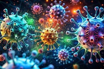 Obraz premium Futuristic Immunology Web Banner Featuring a Glowing Low Polygonal Virus and Bacteria Cells in a Long Exposure Style for Engaging Scientific Visualization