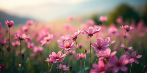 Obraz premium A delicate field of pink wildflowers bathed in soft sunlight, with a gentle breeze rustling through the petals and creating a serene ambiance.