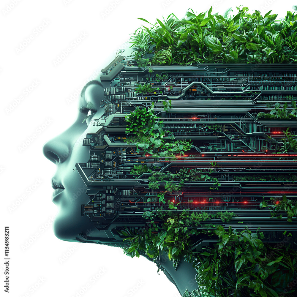 Poster a futuristic fusion of nature and technology, depicting a face intertwined with greenery and circuit