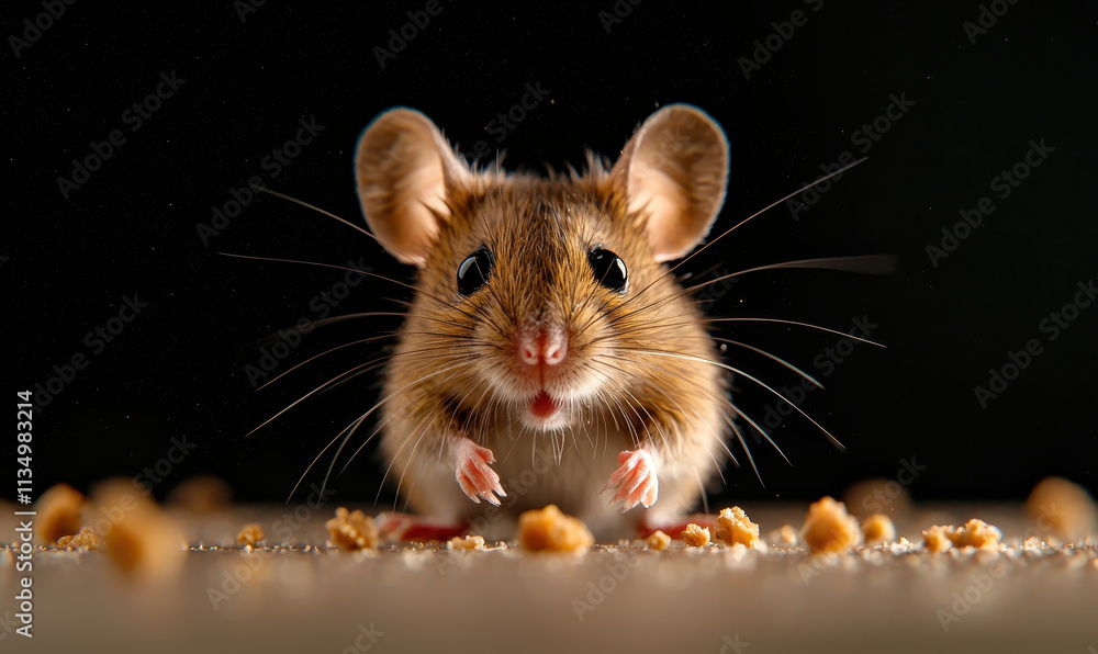 Poster adorable close-up of a curious mouse nibbling on crumbs capturing its whiskers and tiny paws against
