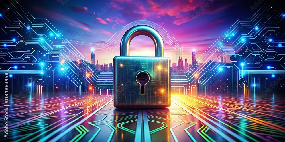 Poster futuristic lock illustration for digital security and protection in a high-tech landscape featuring 