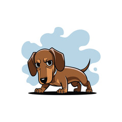 A brown dachshund dog standing on a grassy ground with clouds in the background