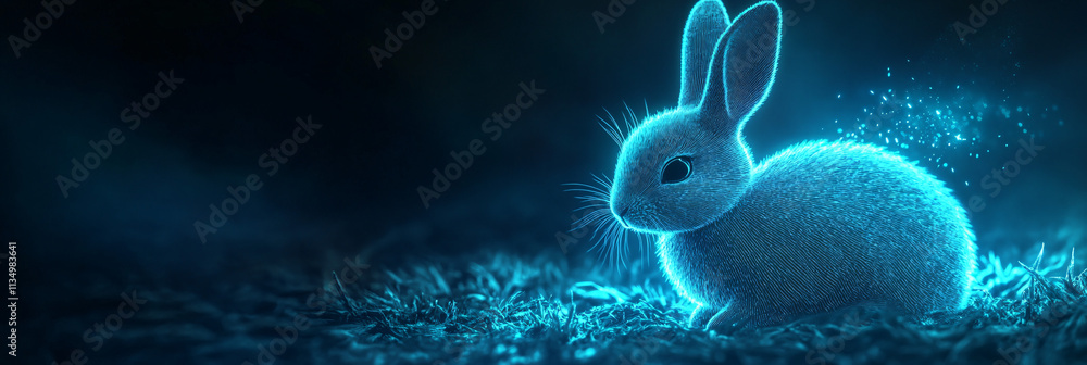 Poster a futuristic habitat simulation icon featuring a glowing rabbit, symbolizing online research platfor