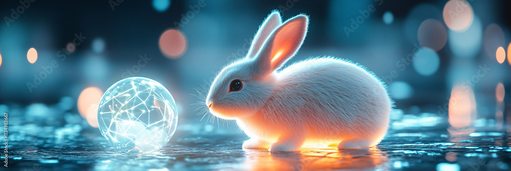 Poster a futuristic habitat simulation icon featuring a glowing rabbit, symbolizing online research platfor