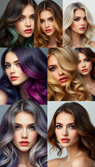 Obraz premium Women collage beauty different hair color hairstyle beautiful females portrait set, digital art, with white tones