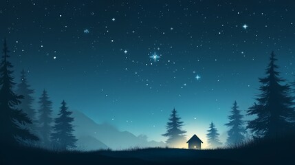 Fototapeta premium Small wooden house illuminated under starry sky in a conifer forest