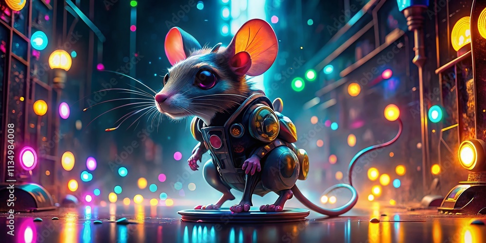 Aufkleber futuristic mouse cyborg in a neon environment with bokeh effects, showcasing advanced technology and