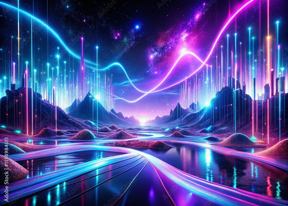 Poster futuristic neon landscape with dynamic streams of purple and blue data in a surreal technology-drive
